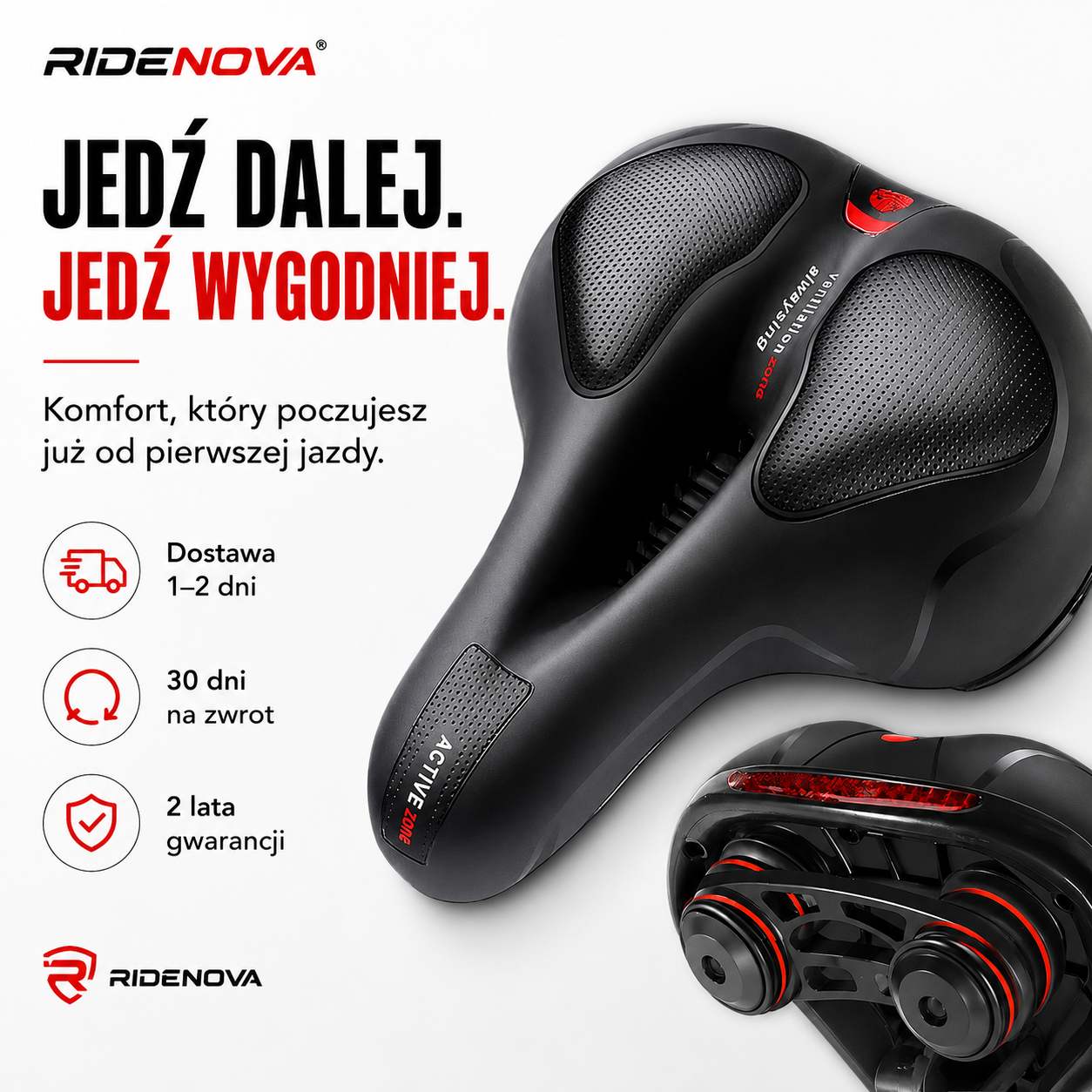 Siodełko rowerowe RideNova ComfortRide — wysyłka z Polski, 30 dni na zwrot, 2 lata gwarancji