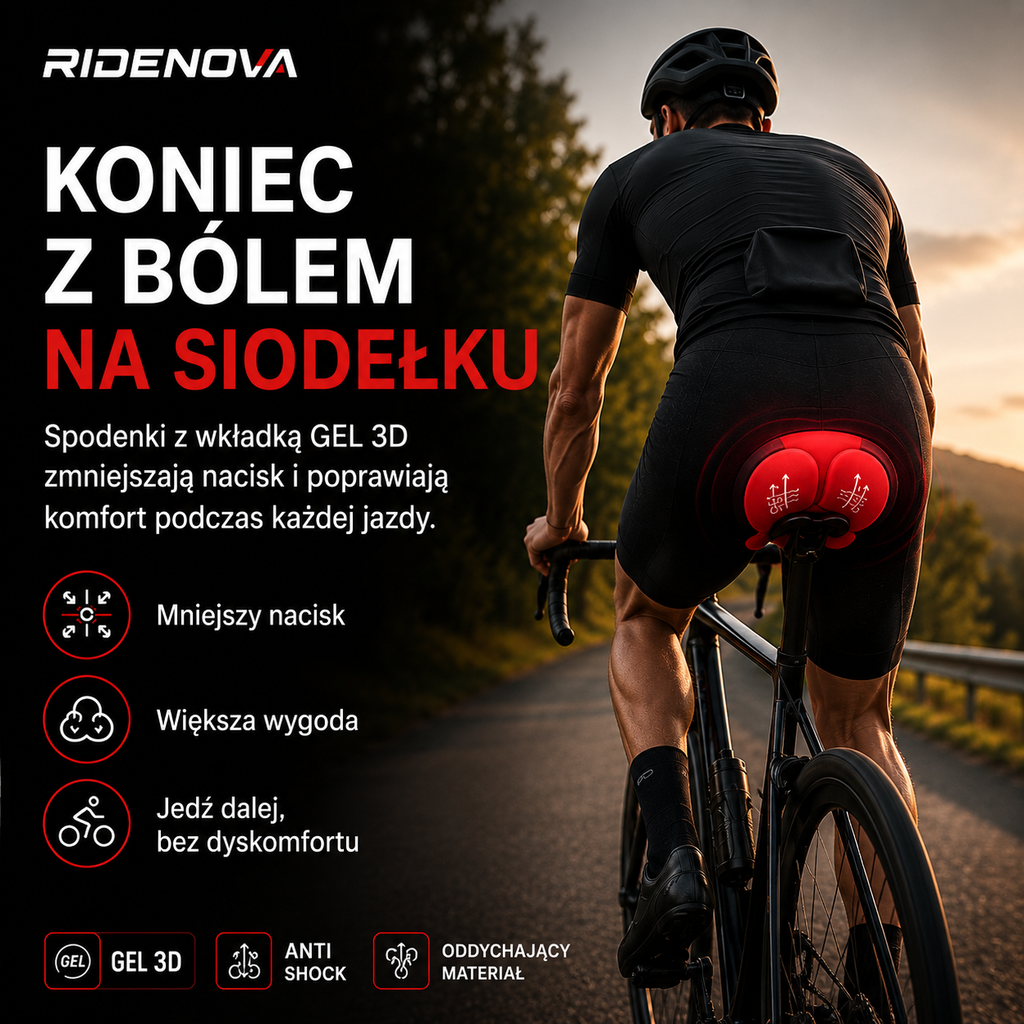 Rowerzysta na rowerze szosowym o zmierzchu w spodenkach rowerowych RideNova z wkładką GEL 3D