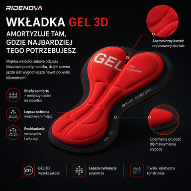 Wkładka żelowa GEL 3D o anatomicznym kształcie we wnętrzu spodenek rowerowych RideNova