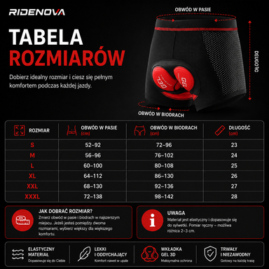 Tabela rozmiarów spodenek rowerowych RideNova od S do 3XL z obwodem w pasie i biodrach w cm