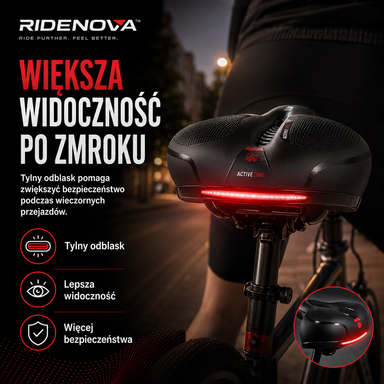 Siodełko rowerowe RideNova ComfortRide z tylnym odblaskiem widocznym podczas jazdy po zmroku