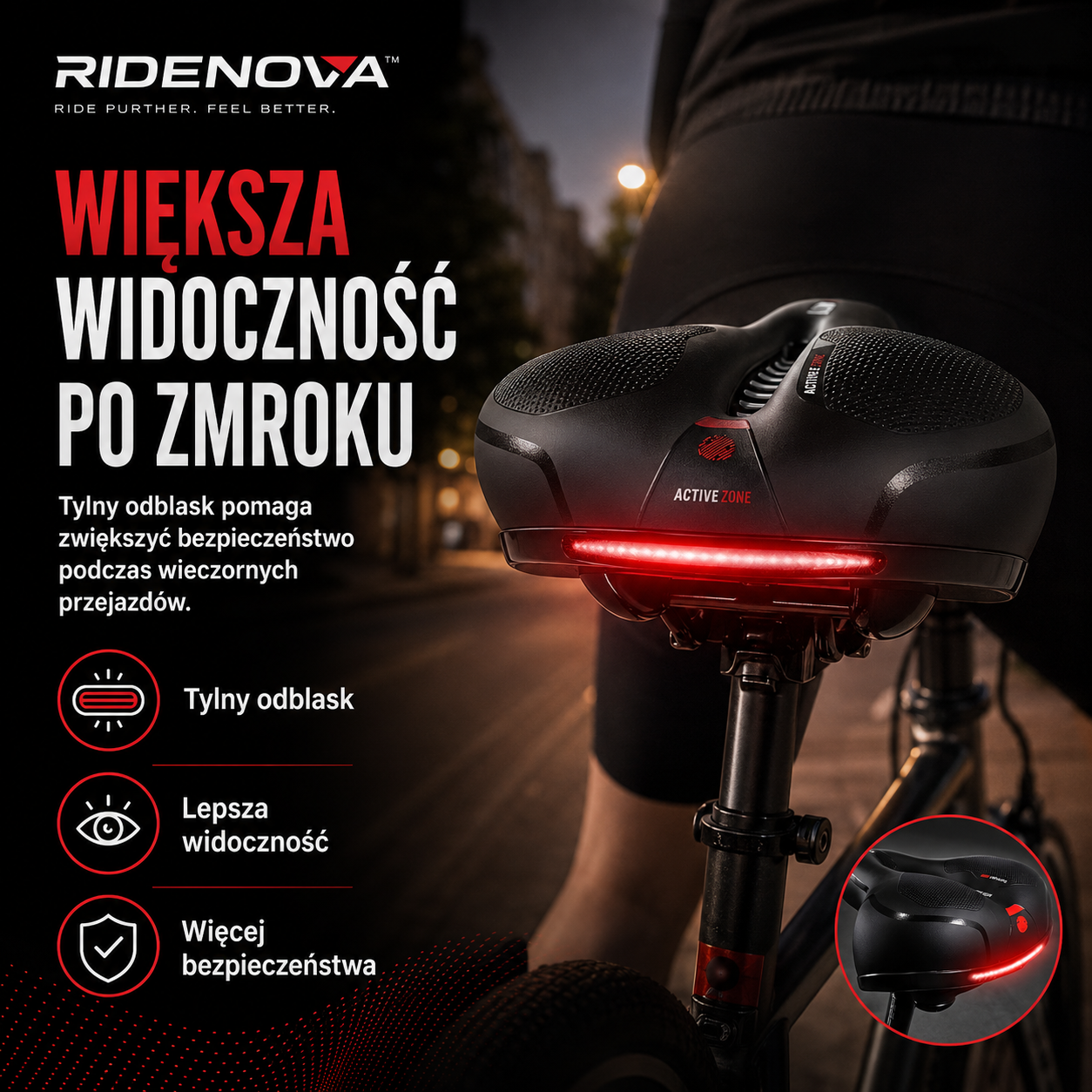 Siodełko rowerowe RideNova ComfortRide z tylnym odblaskiem widocznym podczas jazdy po zmroku