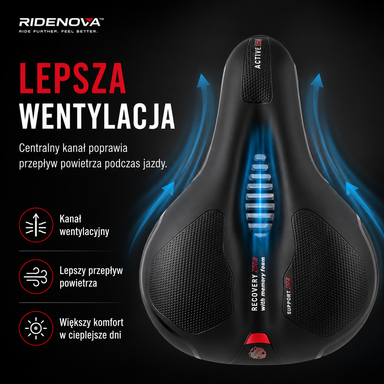Centralny kanał wentylacyjny w siodełku rowerowym RideNova ComfortRide