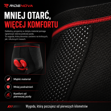 Miękki materiał spodenek rowerowych RideNova ograniczający otarcia podczas jazdy