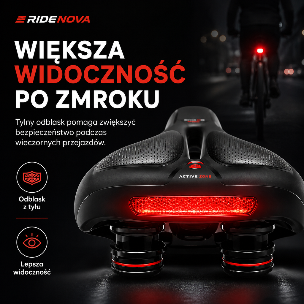 Tylny odblask siodełka rowerowego RideNova ComfortRide na sprężynach amortyzujących